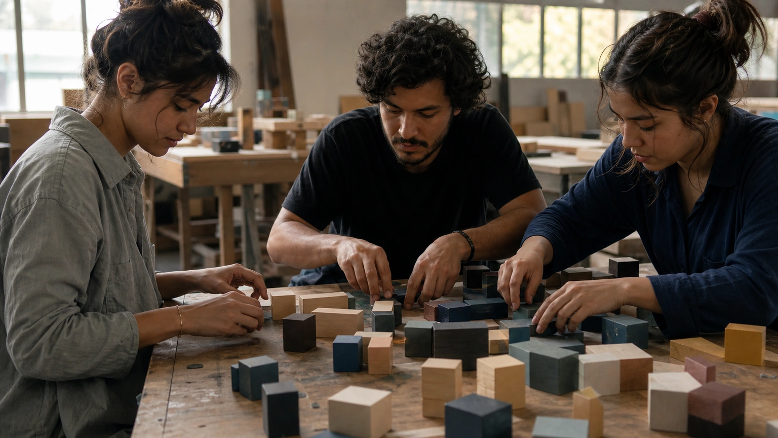 Élèves organisant des blocs colorés pour trouver un équilibre visuel.