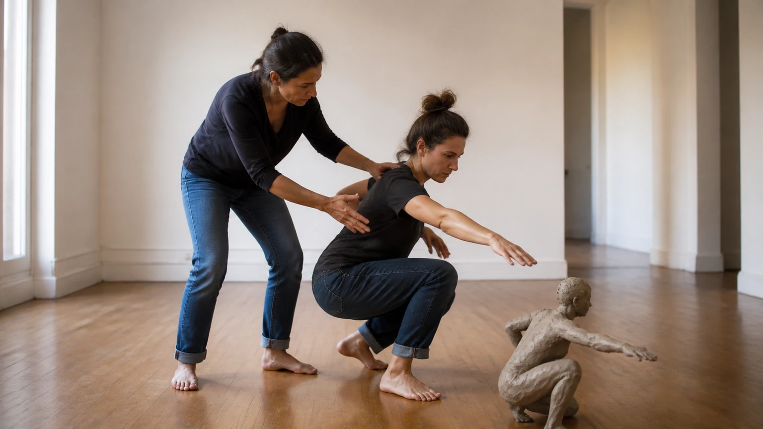 Étudiante et tuteur travaillant une posture de personnage en atelier.