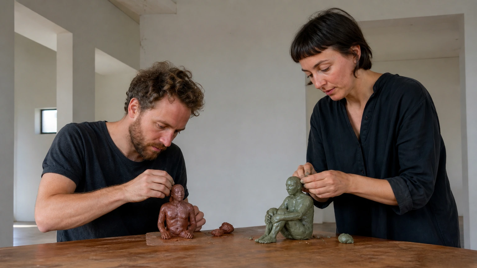 Deux jeunes artistes façonnent une silhouette en argile colorée.