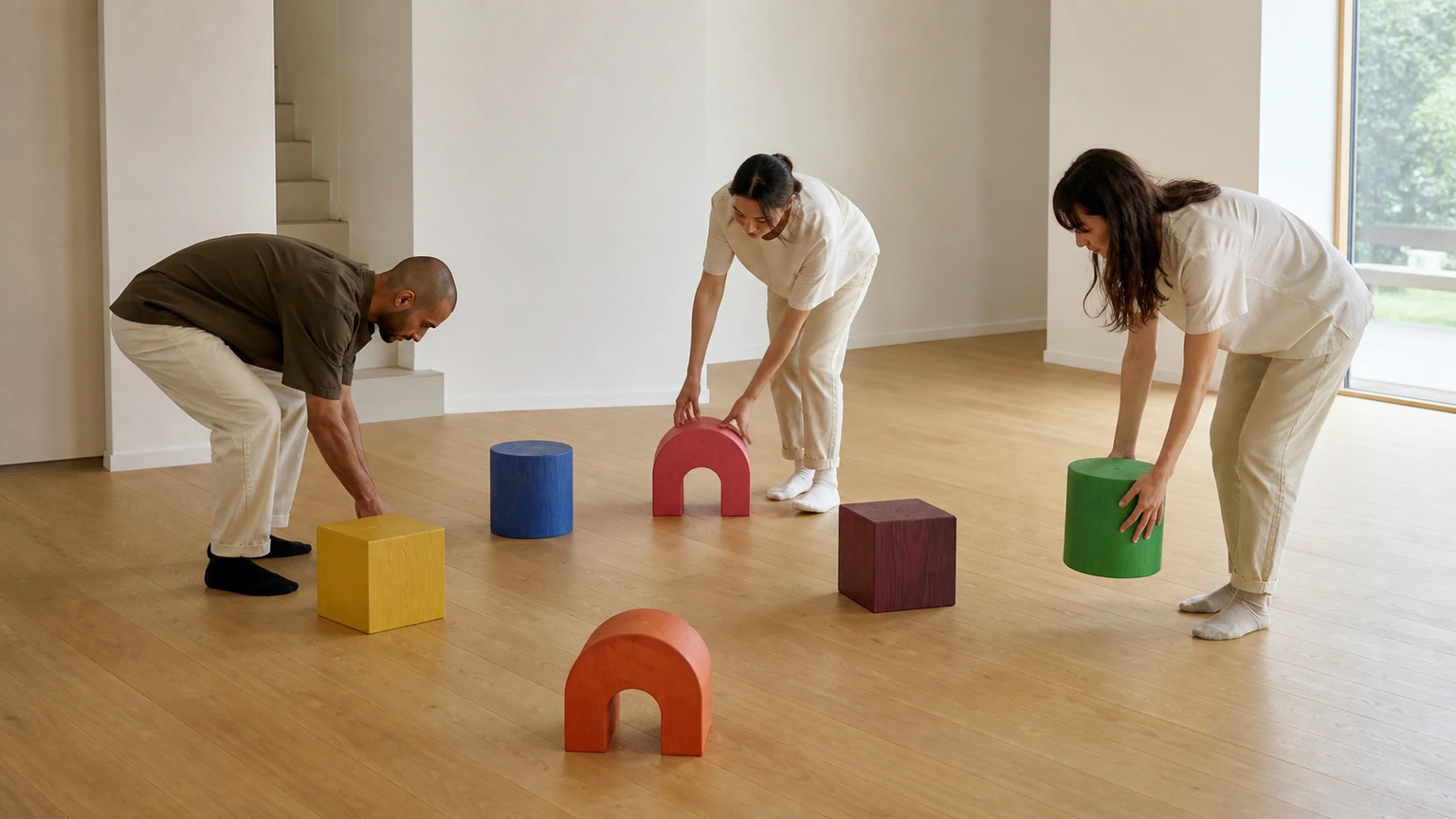 Trois designers organisant six sculptures géométriques colorées au sol.