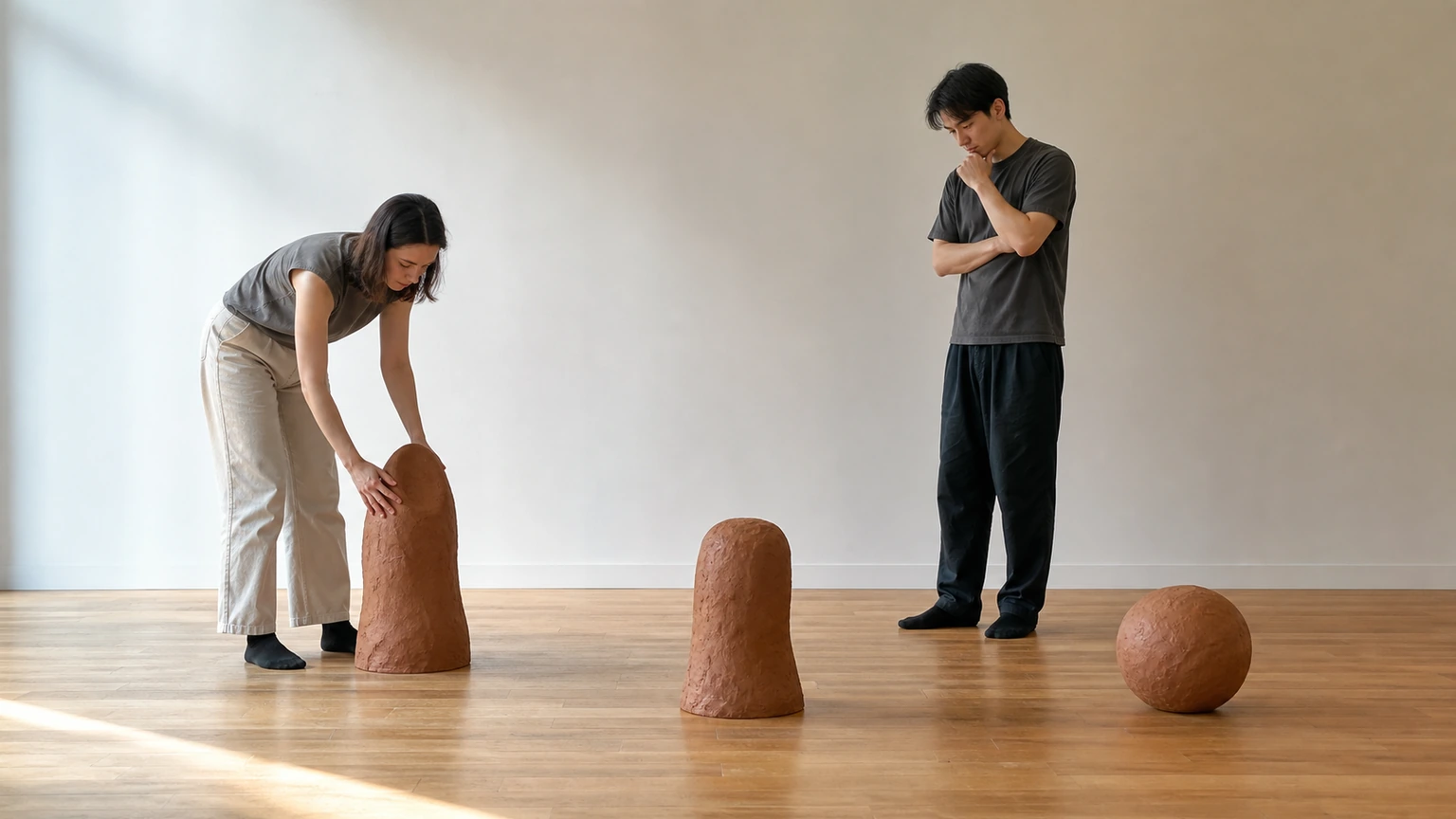 Élèves ajustant le rythme entre plusieurs formes sculptées.