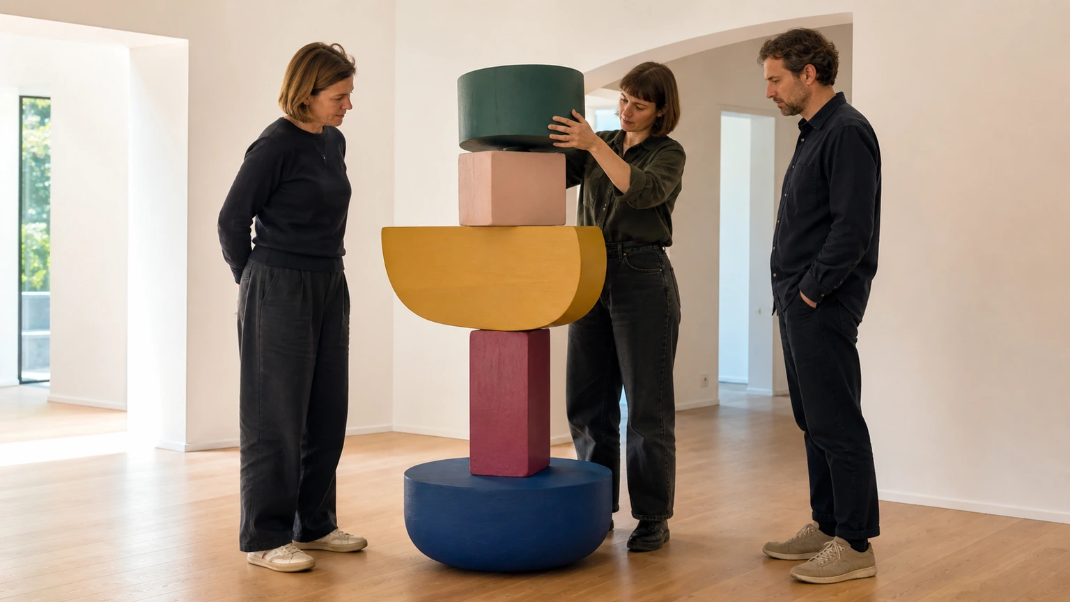 Trois designers évaluant une construction tridimensionnelle en volumes de bois.