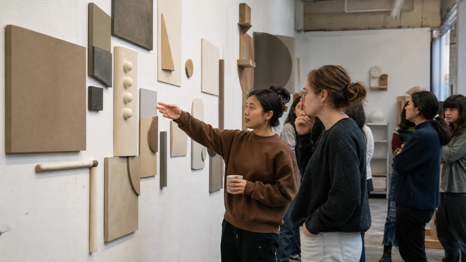 Deux élèves analysent le parcours du regard dans une composition.