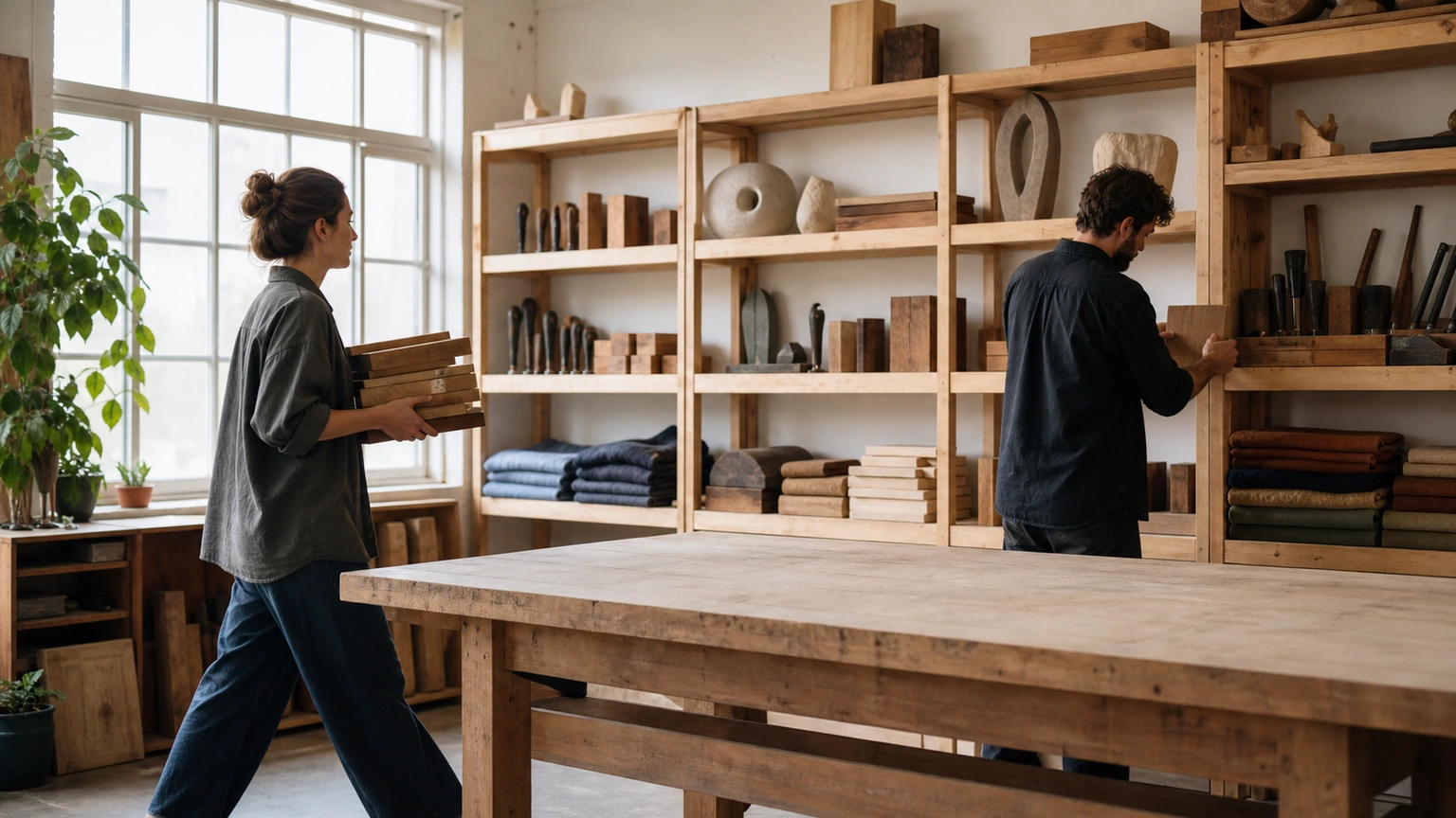 Deux adultes rangent des blocs de bois, des outils métalliques non marqués et des sculptures simples autour d’une grande table en bois dans un atelier créatif.