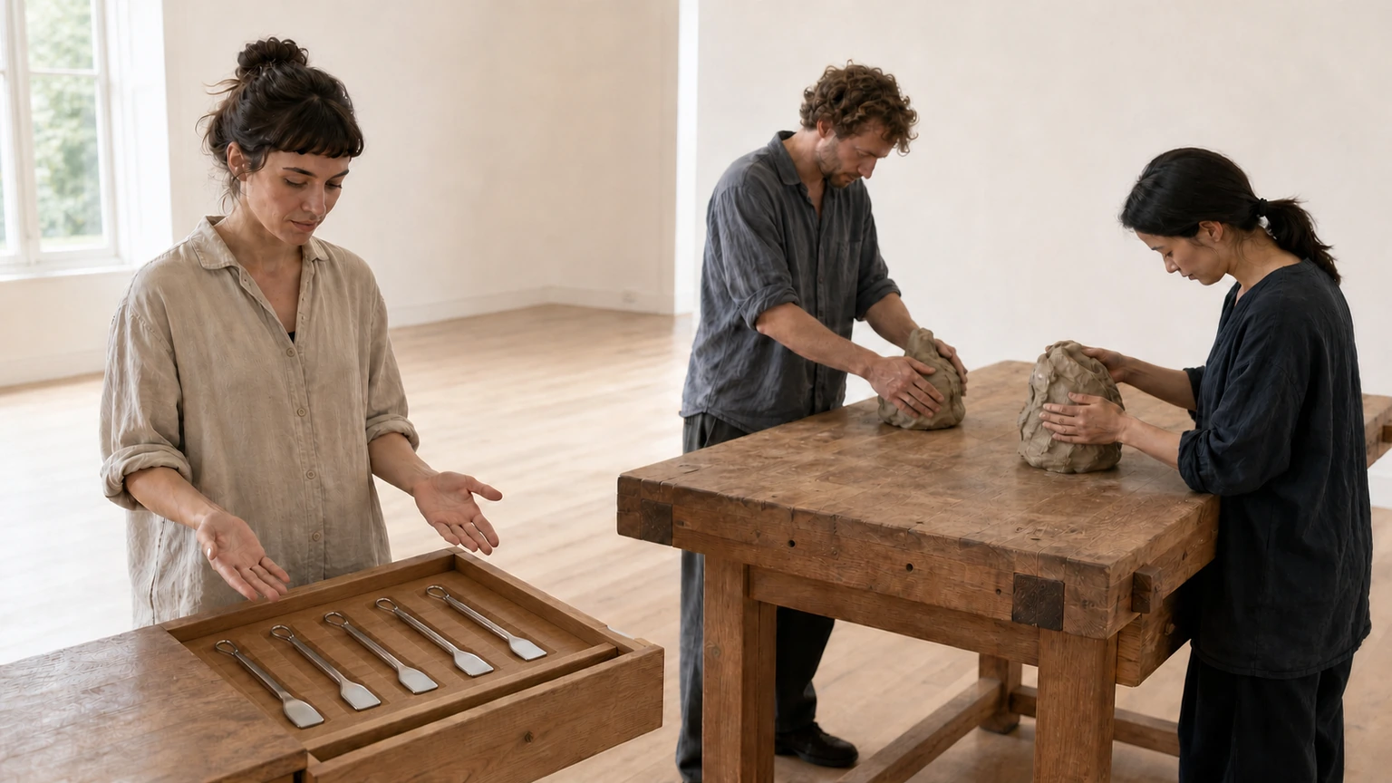 Trois artistes organisant six spatules métalliques avant de modeler l’argile.