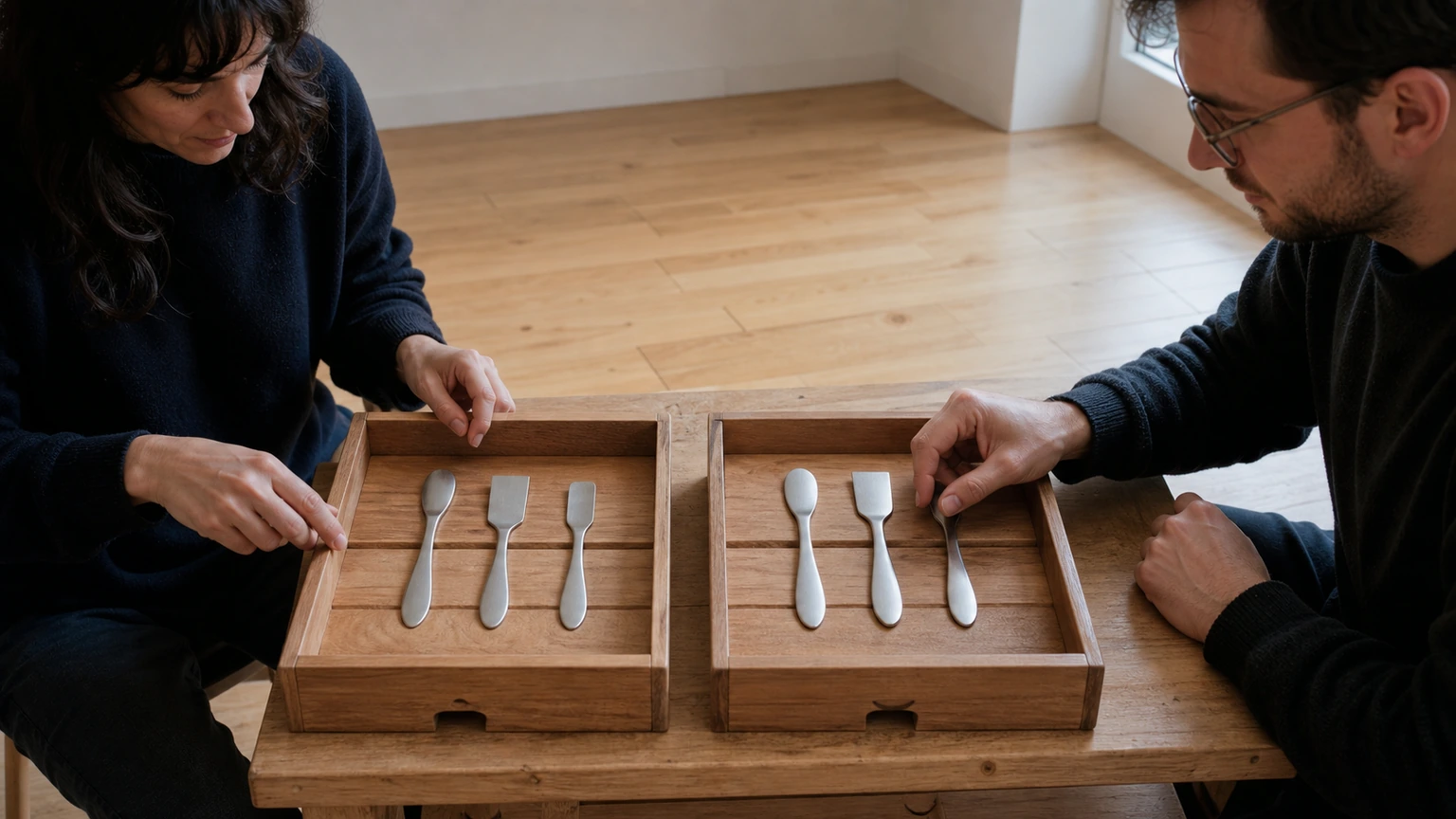 Deux élèves rangent leurs outils après une séance créative.