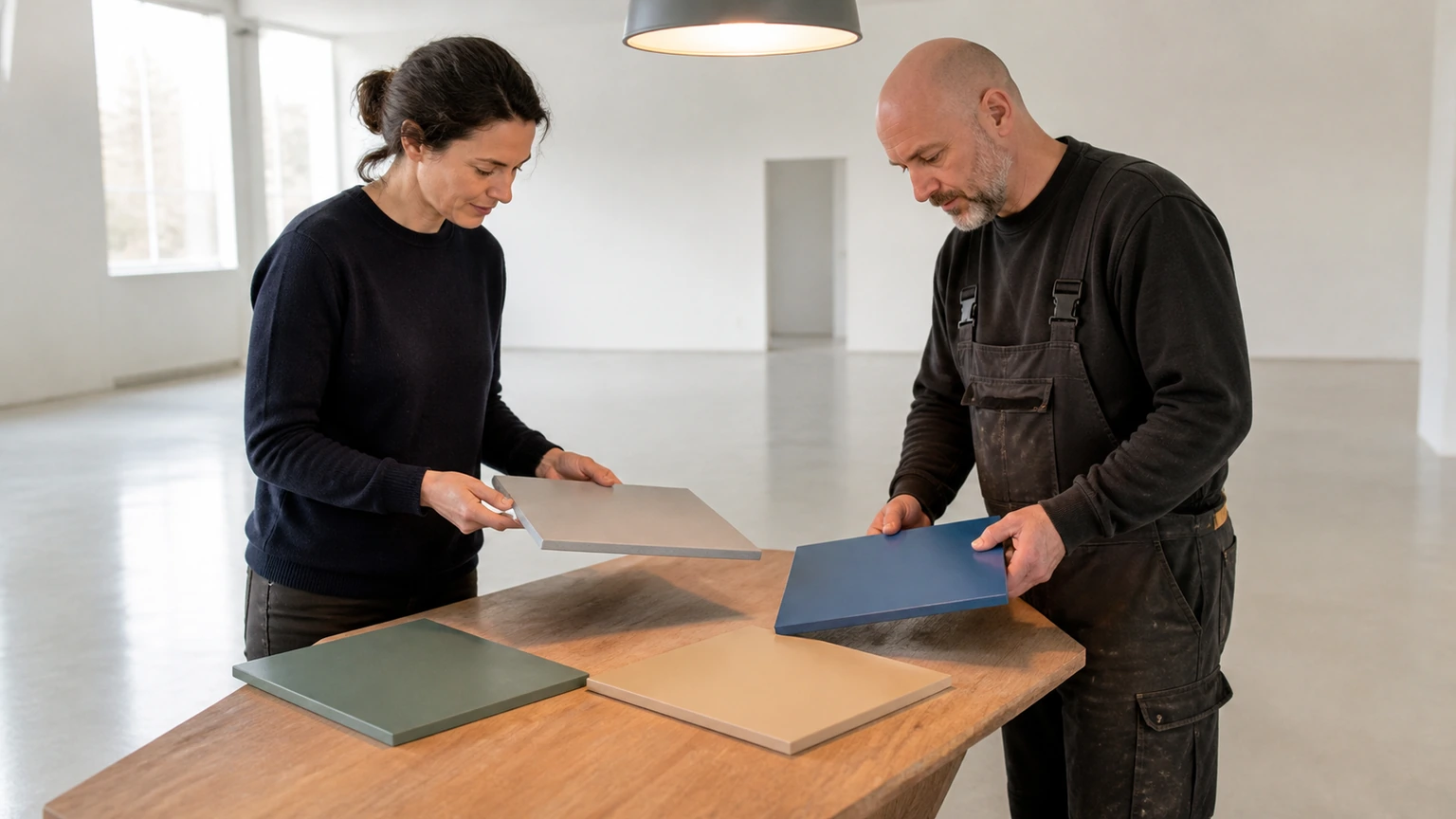 Créateur et technicien comparant des matières sous une lumière de contrôle.