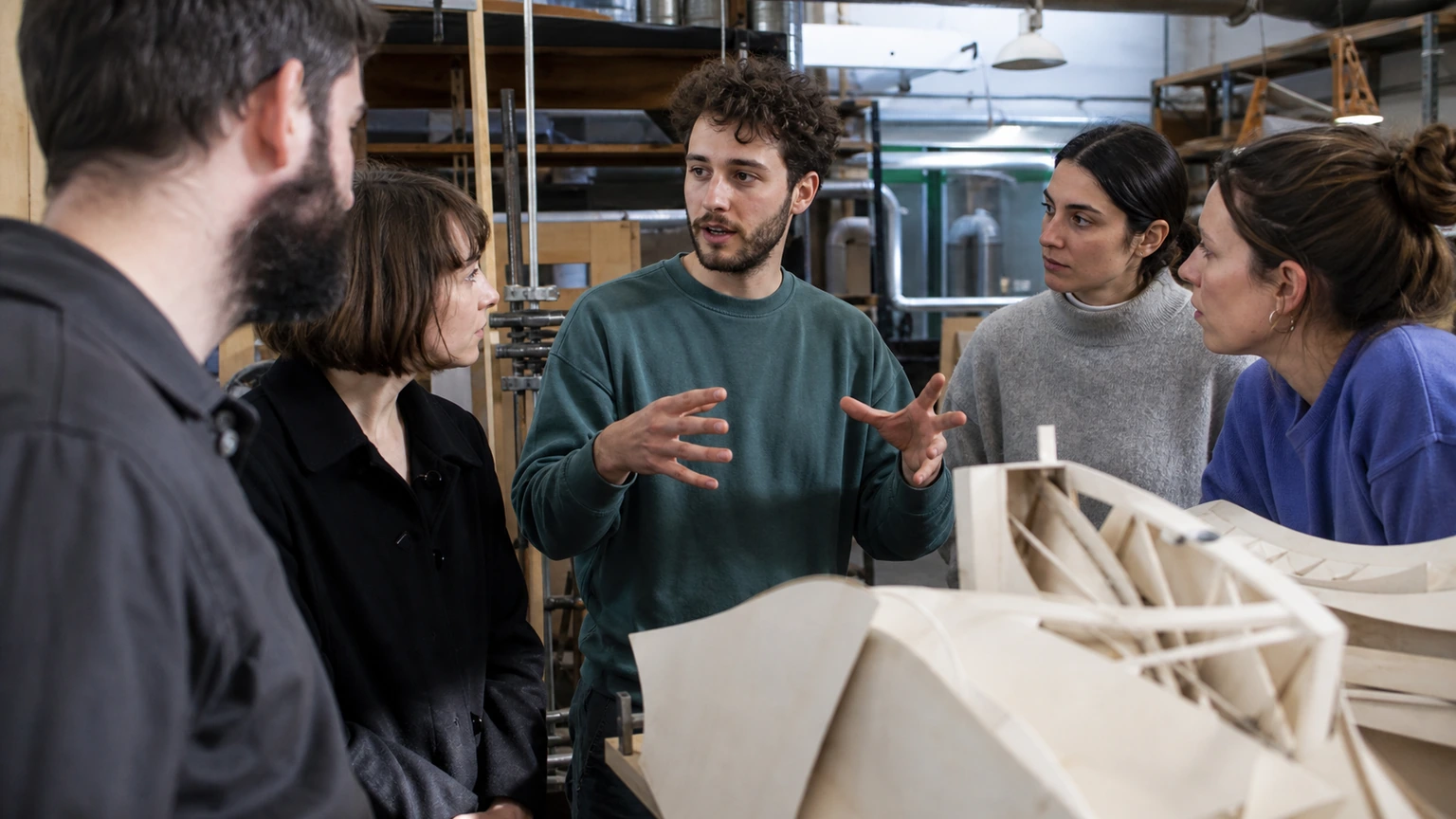 Créatrice expliquant un prototype à un petit groupe en atelier.