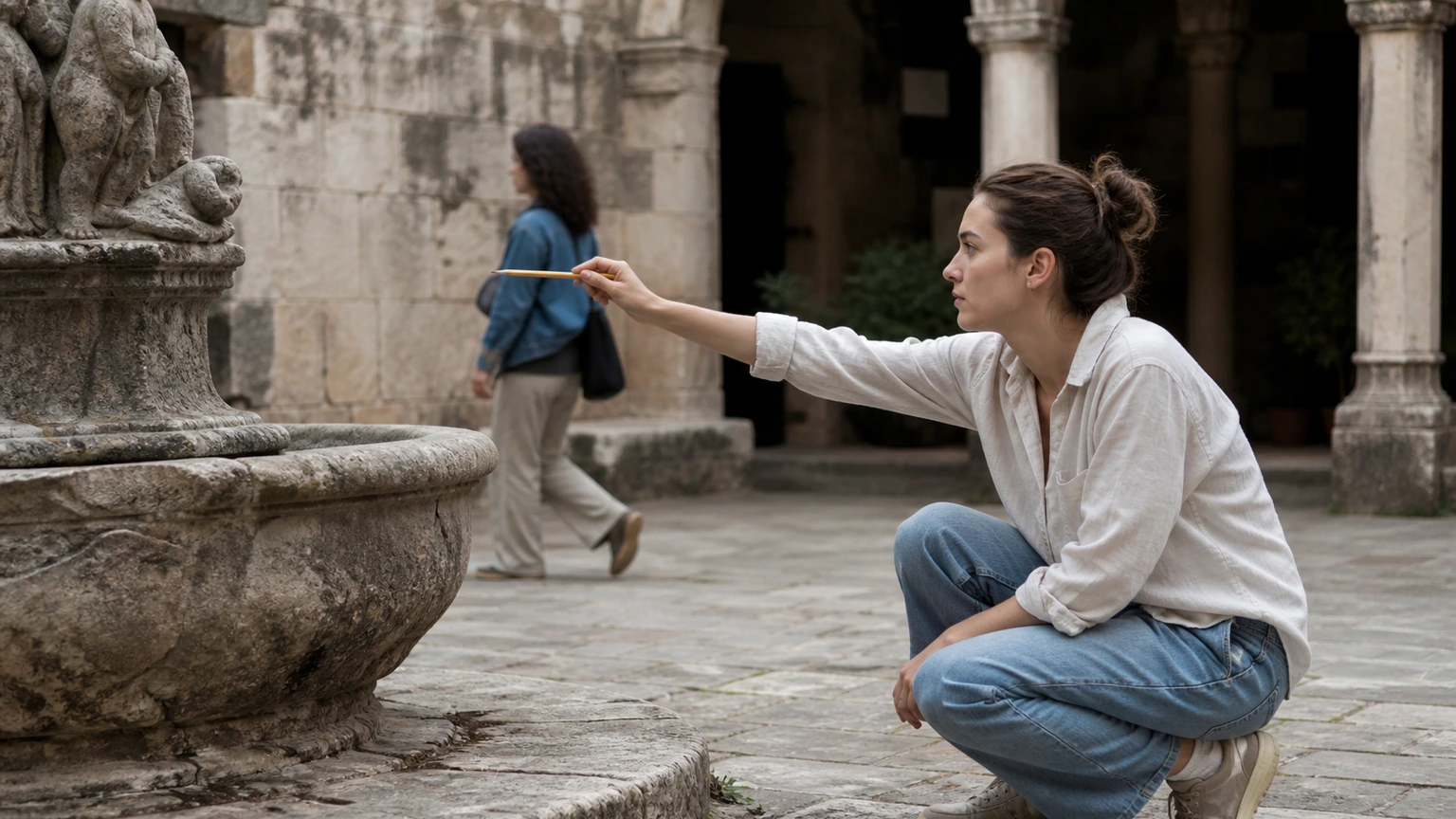 Apprenant comparant les proportions d’une sculpture dans une cour