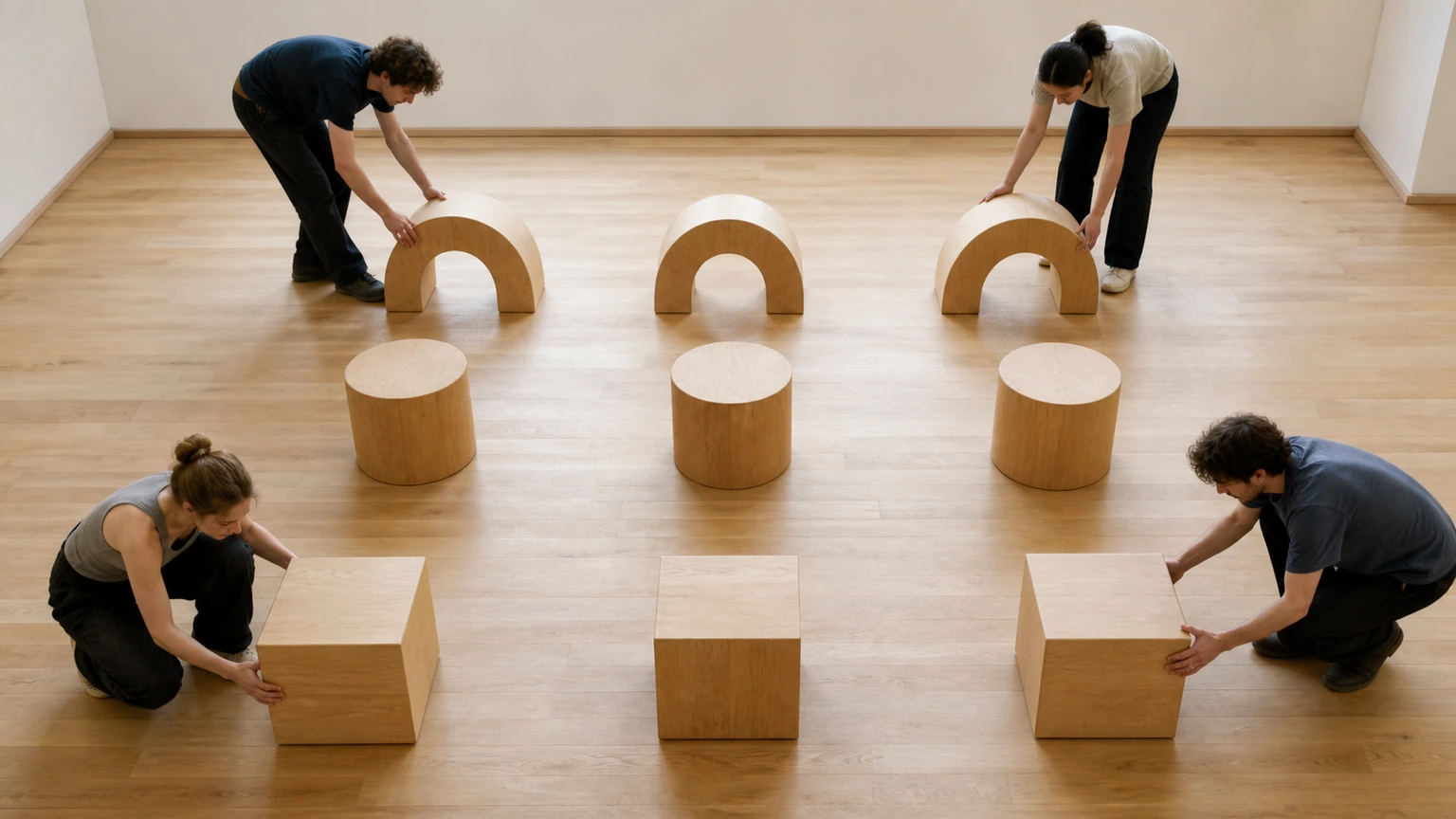 Quatre élèves composant trois rangées de formes géométriques en bois.